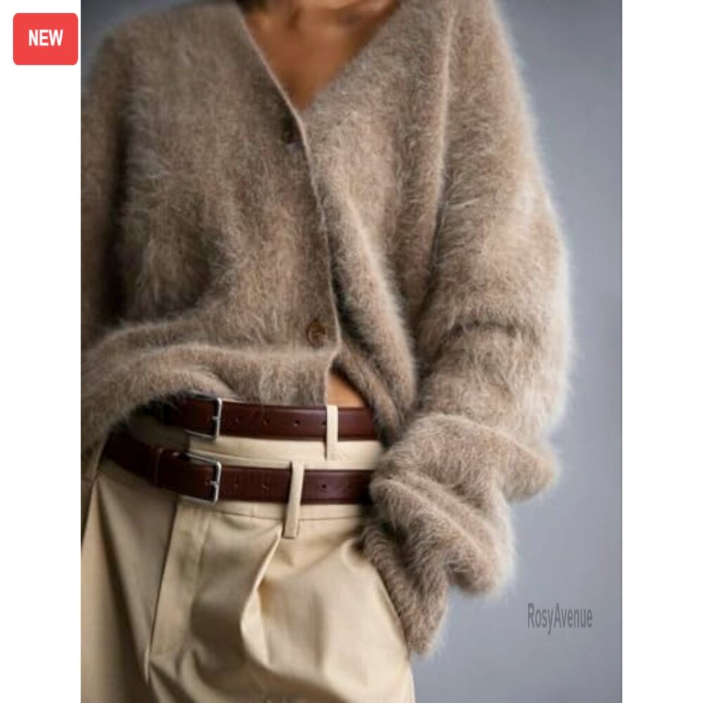 Women's Fuzzy V-Neck Cardigan Sweater Long Sleeve Button Down Slouchy Knit - Picture 4 of 8